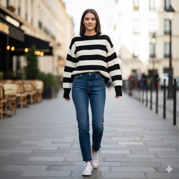 Boutique Beige Cream Striped Sweater Fits L/XL - Picture 4 of 6